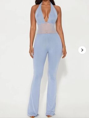 Fashion Nova Light Blue Halter Mesh Plunge Jumpsuit